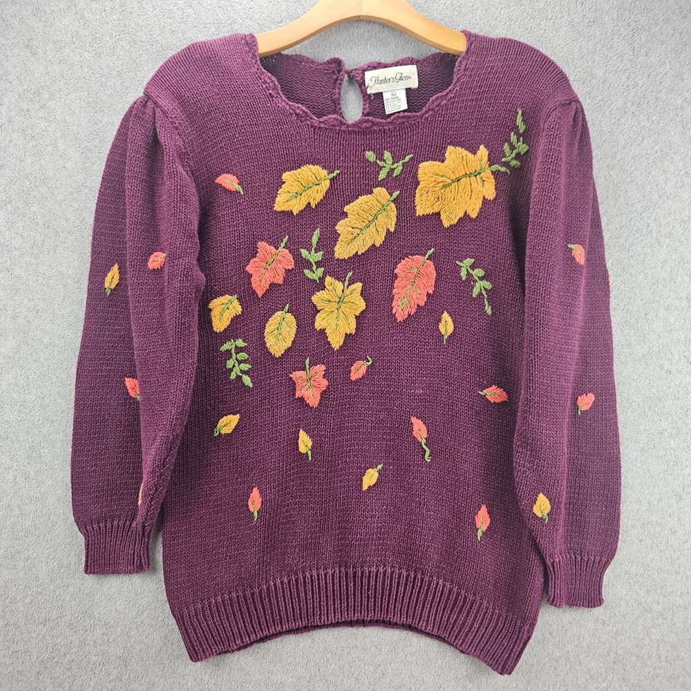 HUNTER'S GLEN Sweater Women L Purple Leaf Embroidered Ramie Cotton Fall Retro